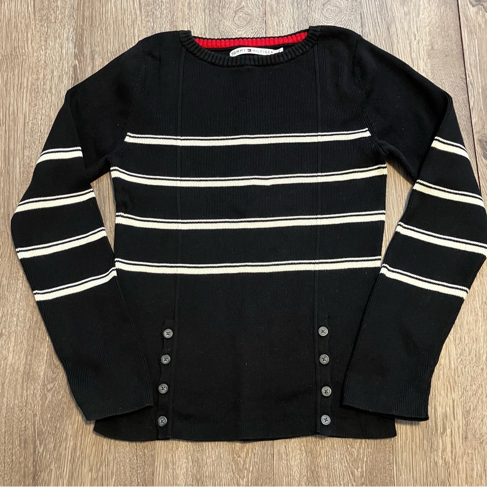 Tommy Hilfiger Women’s Black & White Cotton Striped Button Sweater Size Large